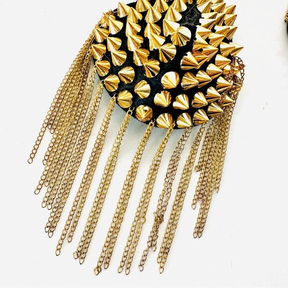 NEW Black Gold Felt Studded Chain Shoulder Pad Brooch Clip Pin Epaulet Jewelry - Picture 3 of 7